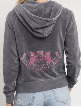 Juicy Couture vintage Gray Velour Hoodie rhinestone and dogs S y2k bling